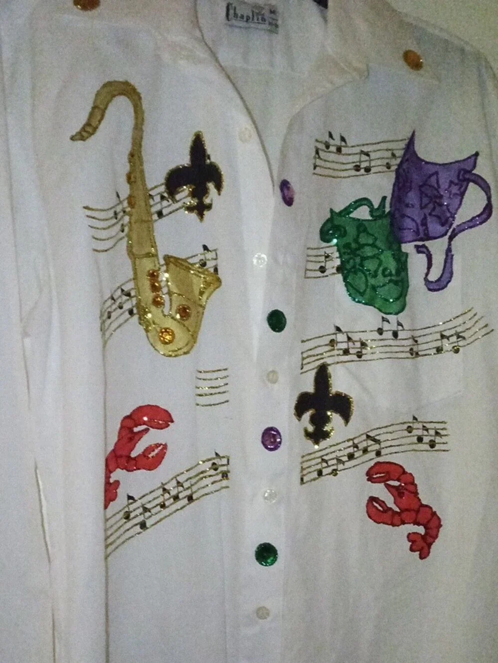 Hand-Painted White Men’s Ladies Button-Up Shirt with Musical & Mardi Gras Motifs